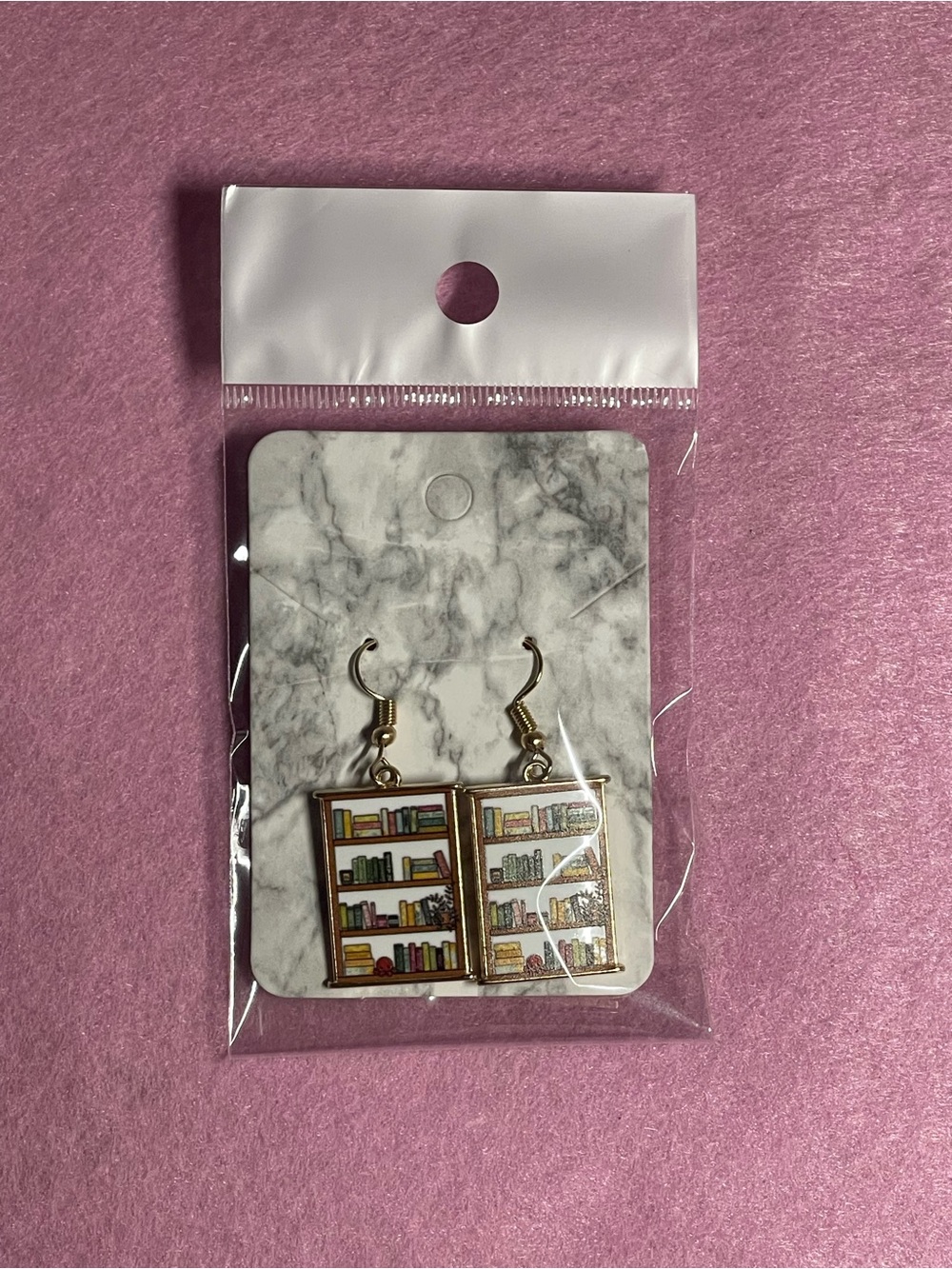 Handmade Bookcase bookshelf Dangle Earrings golden color intricate detail
